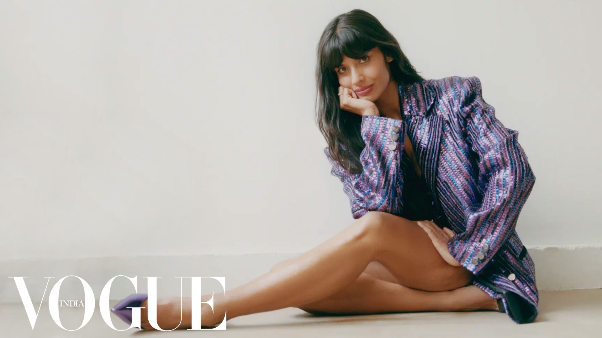 Vogue India BTS frame featuring Jameela Jamil during the digital cover shoot.